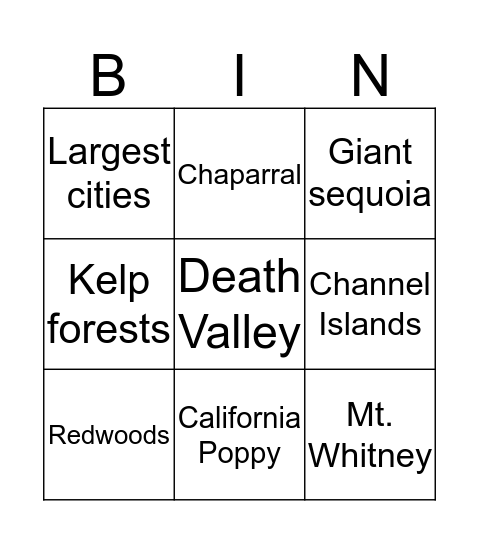 California Bingo Card