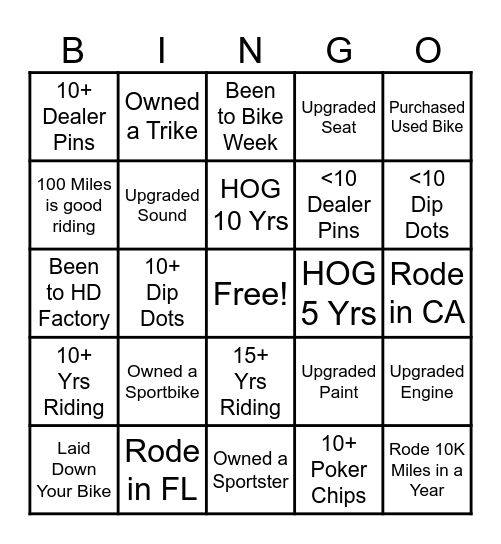 Motorcycle Bingo Card