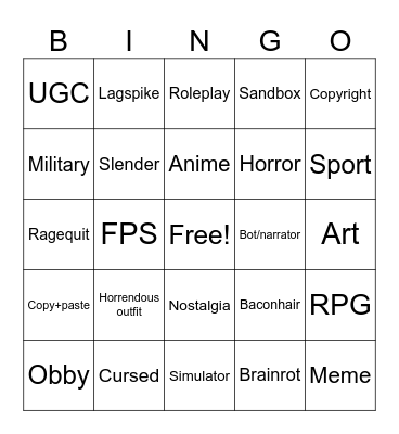 Roblox bingo Card