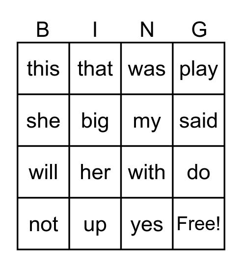 Set B1 Bingo Card