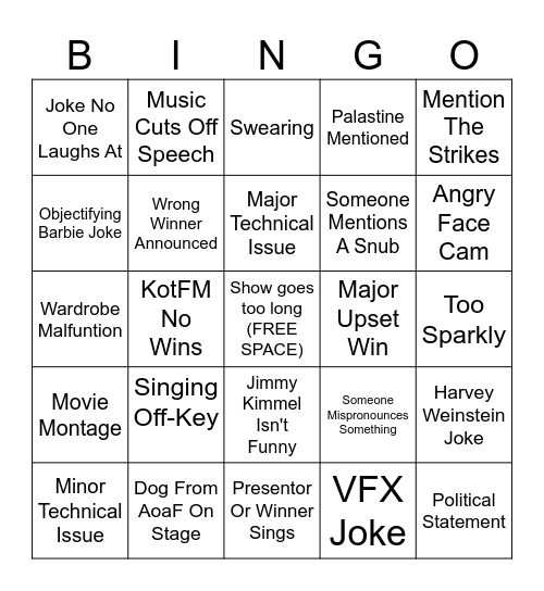 Oscars Bingo Card