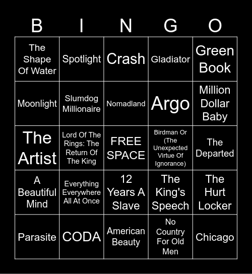 INFINITE CRAFT - Best Picture Winners Bingo Card