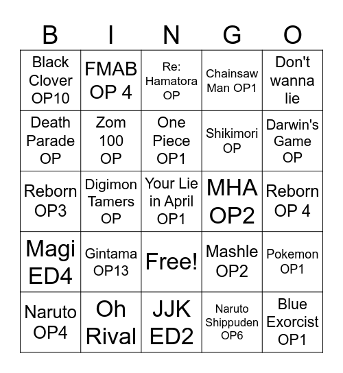 Kuro's Top OP & ED Bingo Card