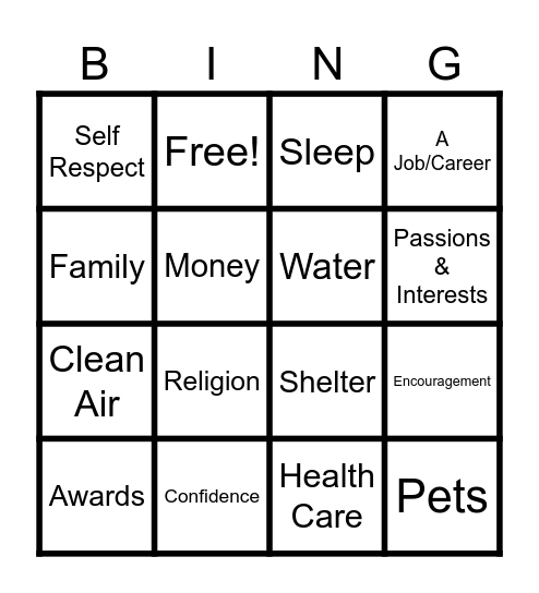 Maslow's Hierarchy of Needs Bingo Card