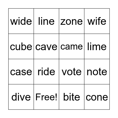 Magic E Bingo Card