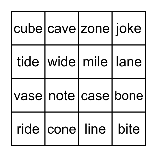 Magic E Bingo Card