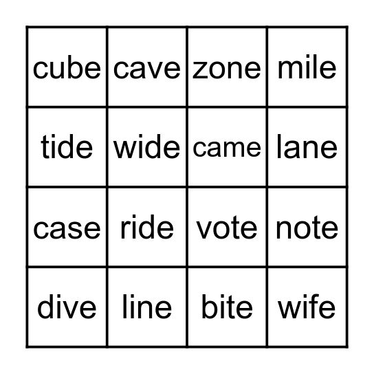 Magic E Bingo Card