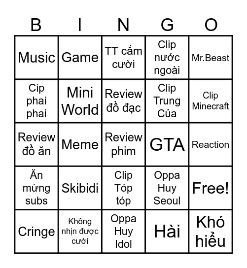 Vietnam Youtube short Bingo Card