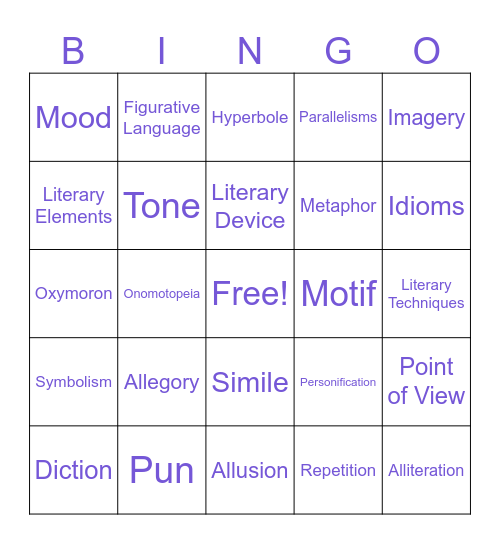 Literary Devices Bingo Card