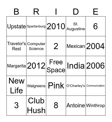 Bridal Bingo Card