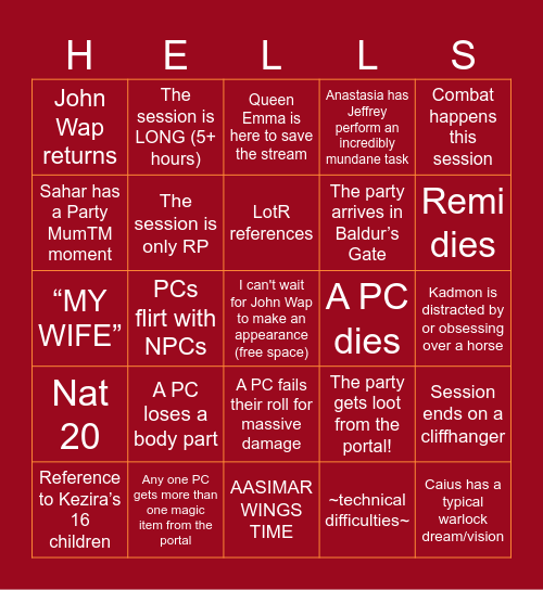 DESCEND - Session 3 Bingo Card