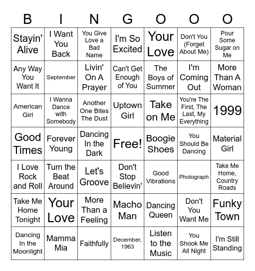 Name That Tune 70's & 80's Bingo Card