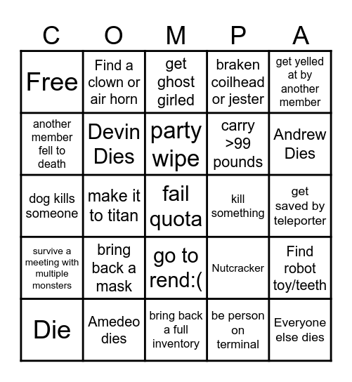 Lethal Company Bingo Card