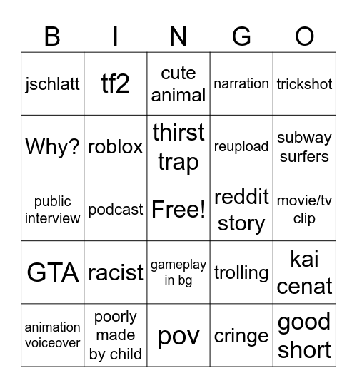 youtube shorts bingo Card