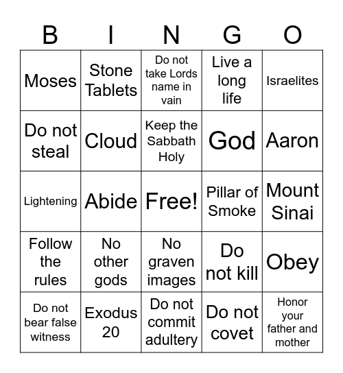 Ten Commandments Bingo Card