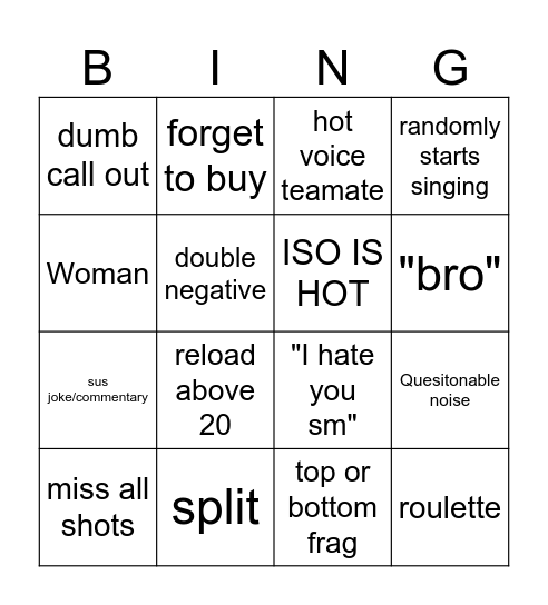 VAL Bingo Card