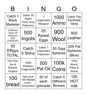 Palworld Bingo Card