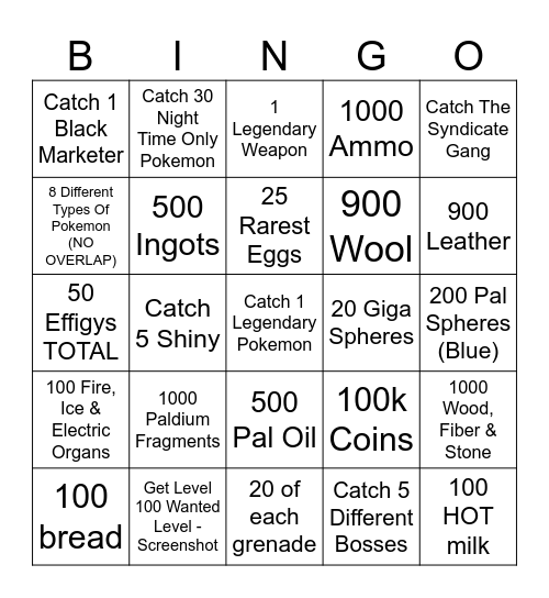 Palworld Bingo Card