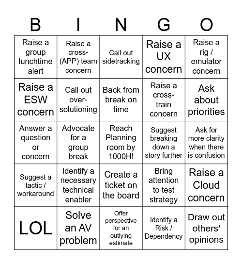 Increment Planning Bingo Card
