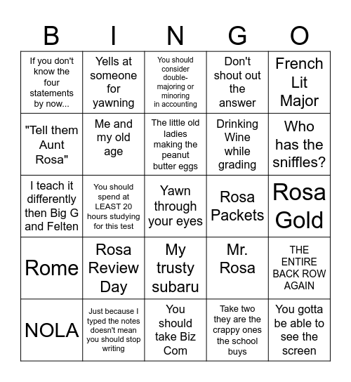Aunt Rosa Bingo Card