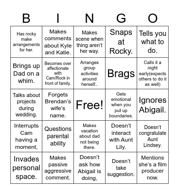 Moms Vacation Bingo Card