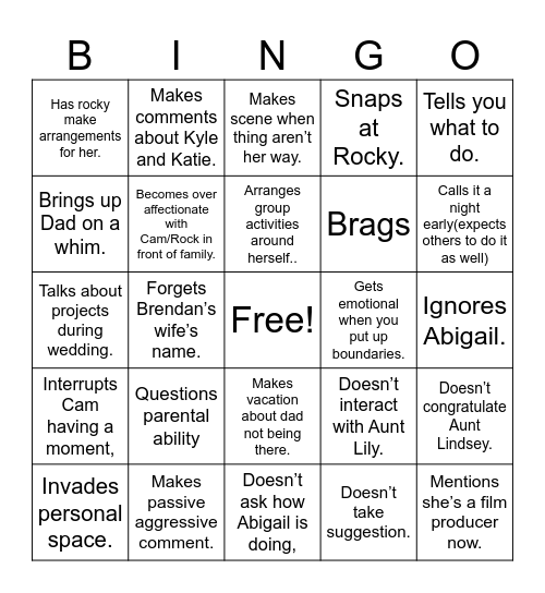 Moms Vacation Bingo Card