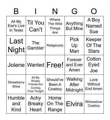 Country Music Bingo Card
