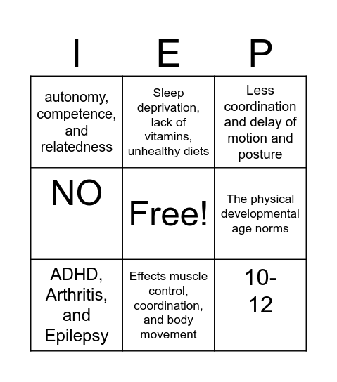 Physical Develpment Bingo Card