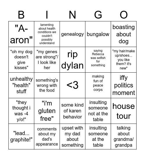 family game night!!!!!!! Bingo Card