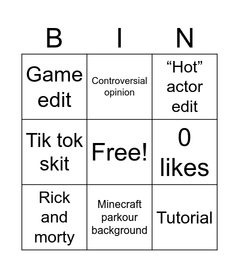 YouTube shorts Bingo Card