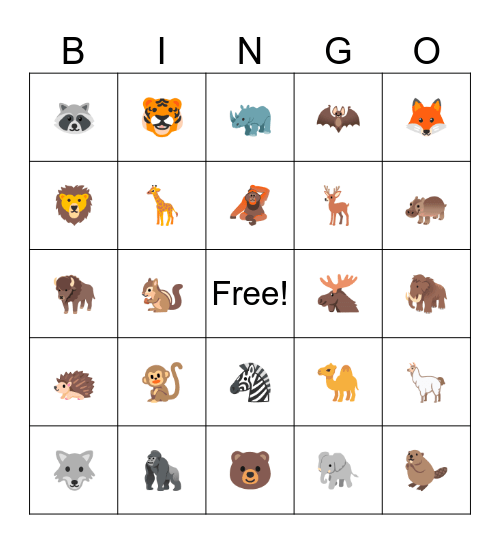 Animals Bingo Card