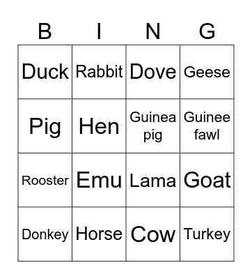 Farm animal sounds Bingo Card