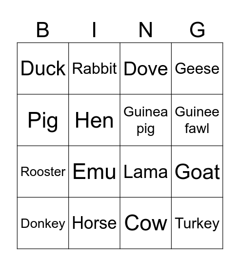 Farm animal sounds Bingo Card