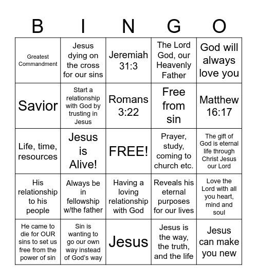 A Relationship with God Bingo Card