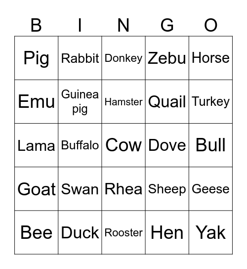 Farm animal sounds bingo Card