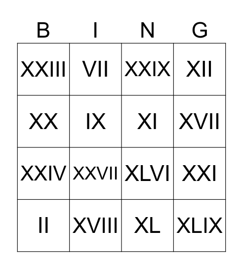 Bingo - Números Romanos Bingo Card