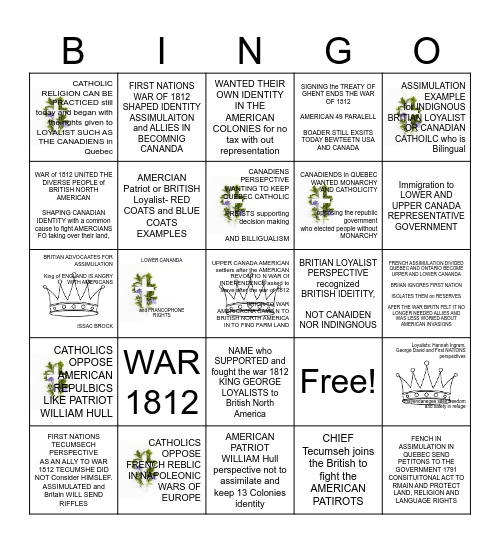 Unit 5 Bingo Social 7 Chapter 6 DEBATE GAME WAR OF 1812 Shapes CANADA'S IDENTITY: Perspectives Bingo Card