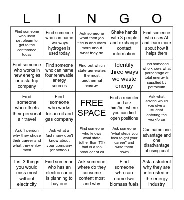ENERGY LINGO Bingo Card