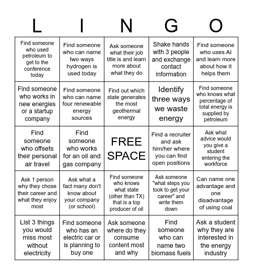 ENERGY LINGO Bingo Card