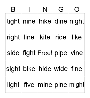 long "i" bingo Card