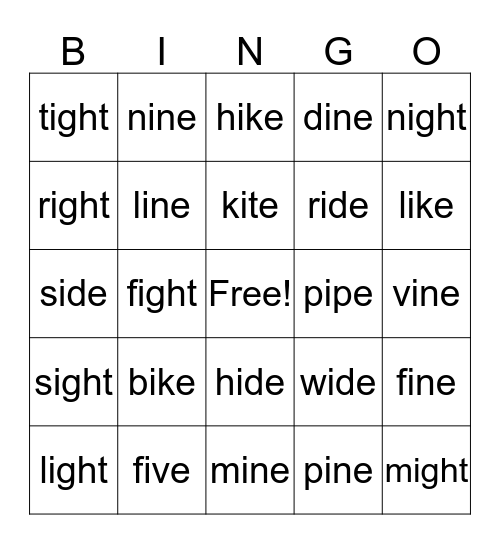 long "i" bingo Card