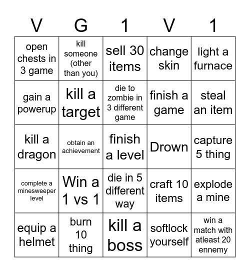 Video game card Bingo Card