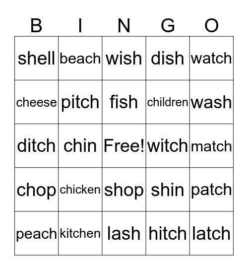 "ch", "tch", and "sh" sounds Bingo Card