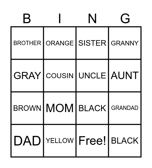 FAMILY AND COLORS VOCABULARY Bingo Card