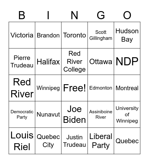 Miscellaneous Canadian Information Bingo Card