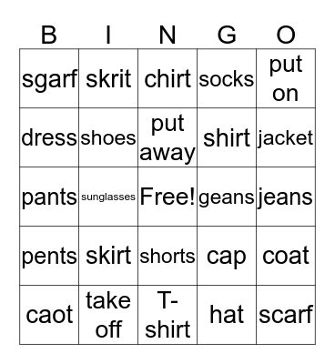 Clothes Bingo Card