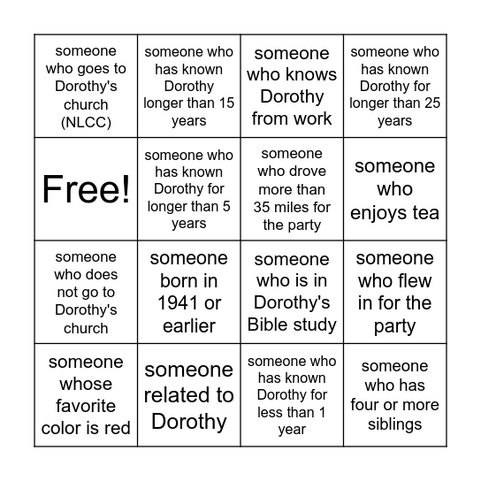 Mingle Bingo - Dorothy Jean style Bingo Card