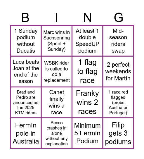 MotoGP Bingo Card