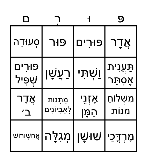 Kehilat Sukkat Shalom Purim Bingo Card