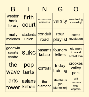 Sheffield Bingo Card